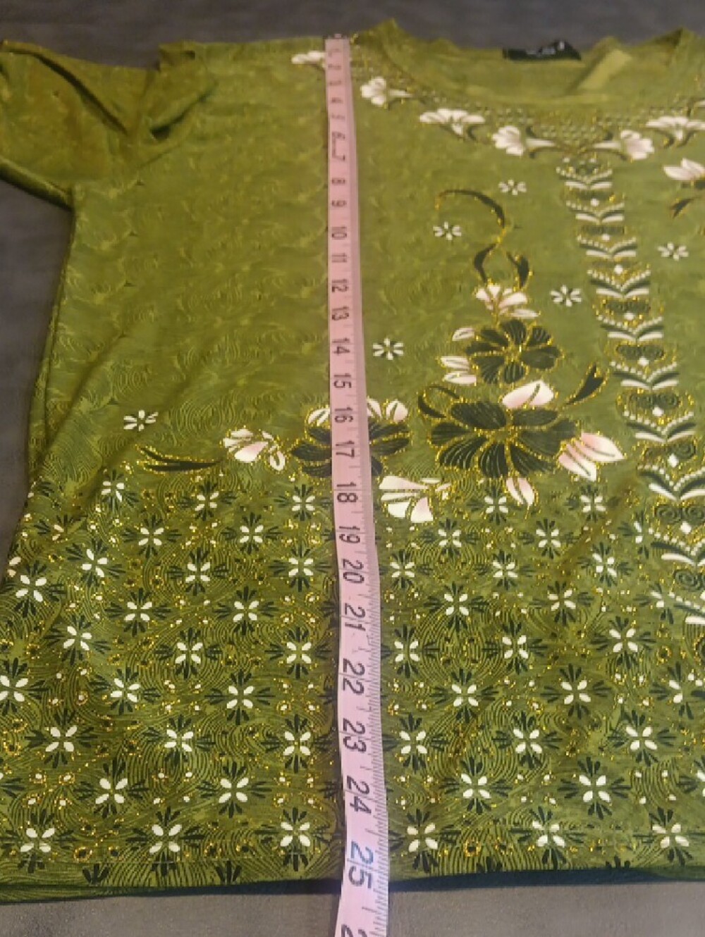 Olive Green Long-Sleeve Floral Tunic Blouse With Glitter Effects Around Print - Picture 8 of 10